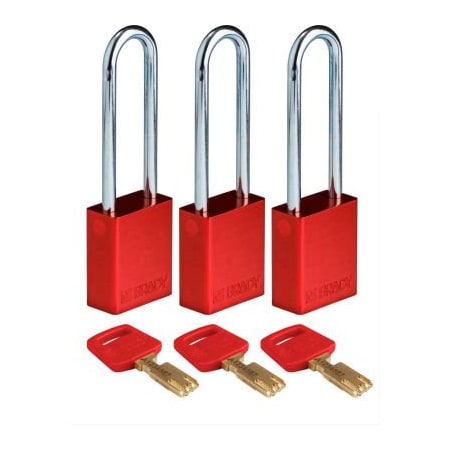 Brady Brady ALU-RED-76ST-KA3PK Brady SafeKey Lockout Padlock Aluminum 3" Steel Shackle Keyed Alike ALU-RED-76ST-KA3PK